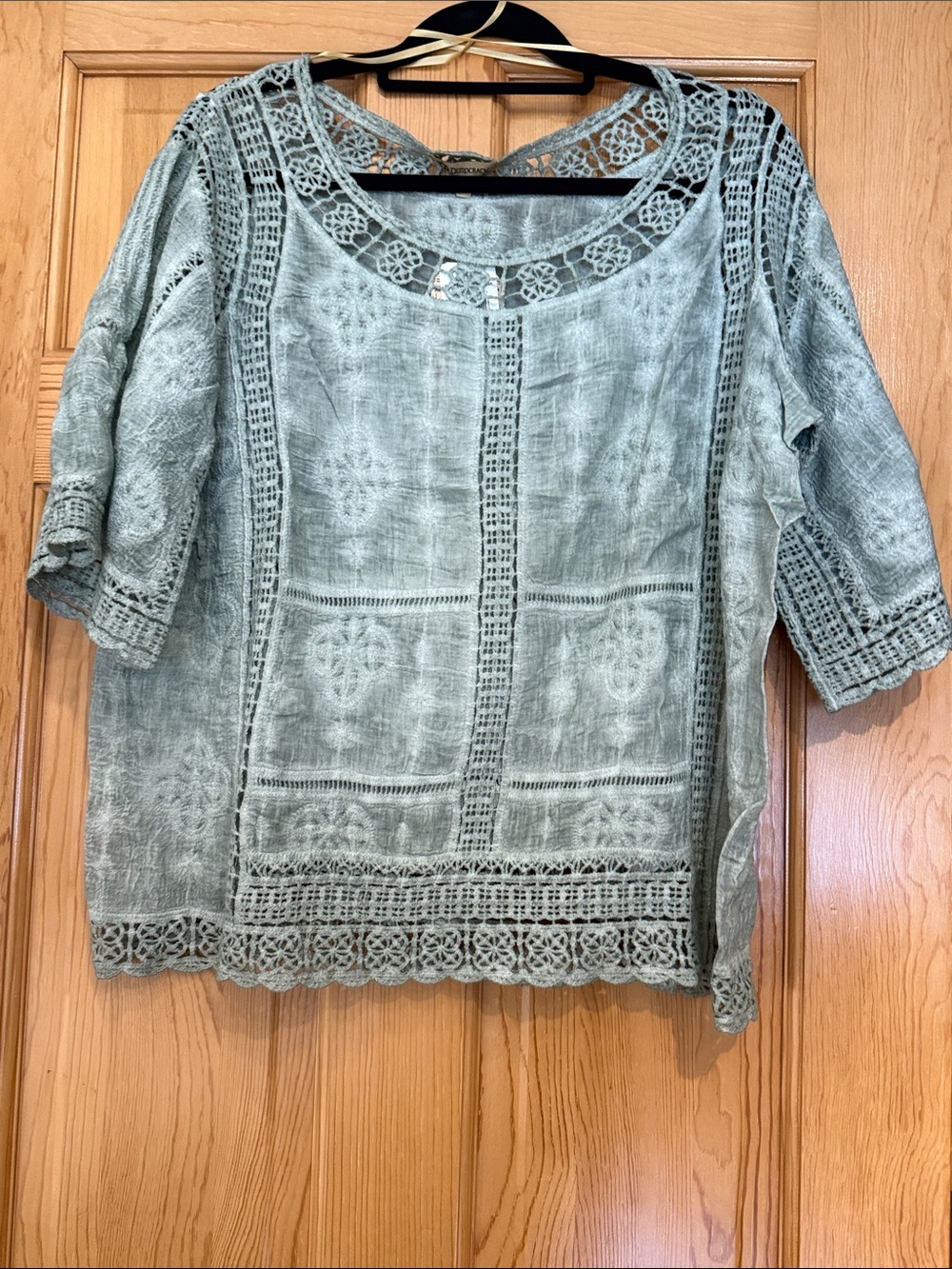 NWT Democracy Light Sage Green Crochet Linen Blend Blouse-Overdyed Mineral Wash